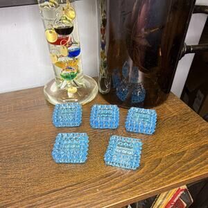 Fenton Blue Patterned Hobnail Glass Square Open Salt Set of 5 Collectible